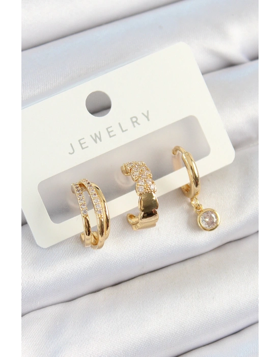 Pirinç Zirkon Taşlı Halka Model Gold Renk 3lü Çift Kadın Küpe Set
