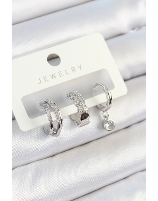 Pirinç Zirkon Taşlı Halka Model Gümüş Renk 3lü Çift Kadın Küpe Set