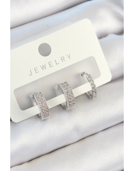 Pirinç Zirkon Taşlı Halka Model Gümüş Renk 3lü Çift Kadın Küpe Set