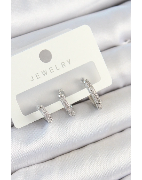 Pirinç Zirkon Taşlı Halka Model Gümüş Renk 3lü Çift Kadın Küpe Set