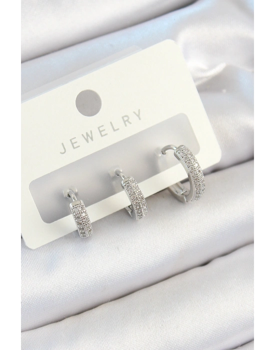 Pirinç Zirkon Taşlı Halka Model Gümüş Renk 3lü Çift Kadın Küpe Set