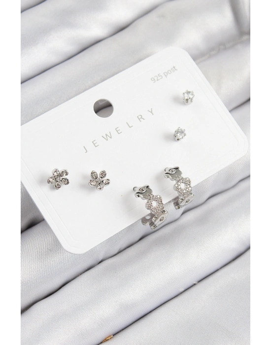 Pirinç Zirkon Taşlı Halka Model Gümüş Renk 925 Ayar Gümüş Çivi Kadın Küpe Set