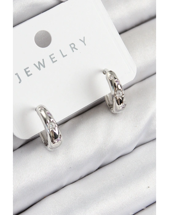 Pirinç Zirkon Taşlı Halka Model Gümüş Renk Kadın Küpe