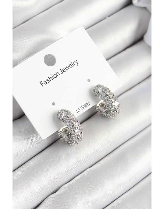 Pirinç Zirkon Taşlı Halka Model Gümüş Renk Kadın Küpe