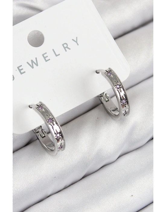 Pirinç Zirkon Taşlı Halka Model Gümüş Renk Kadın Küpe