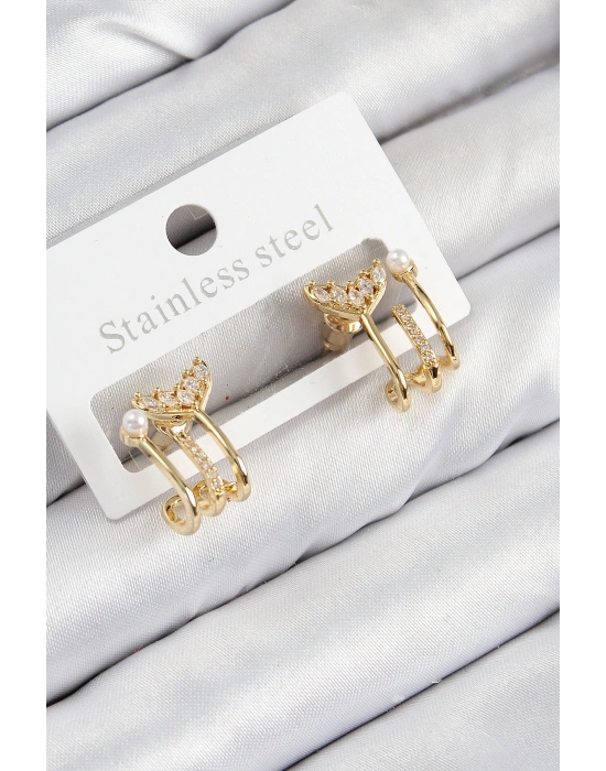 Pirinç Zirkon Taşlı İnci Detaylı Balık Kuyruğu Model Gold Renk Kadın Küpe