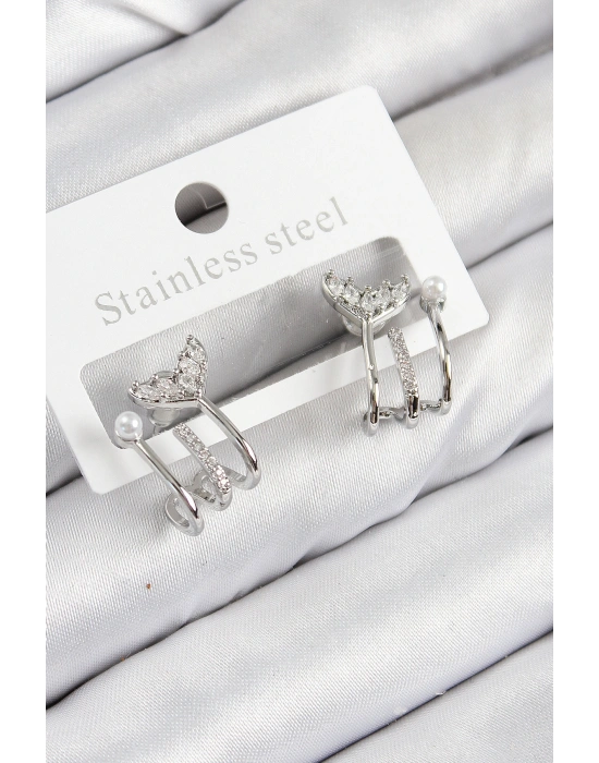 Pirinç Zirkon Taşlı İnci Detaylı Balık Kuyruğu Model Gümüş Renk Kadın Küpe