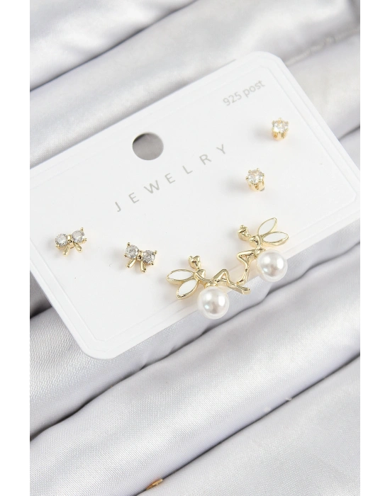 Pirinç Zirkon Taşlı İnci Melek Model Gold Renk 925 Ayar Gümüş Çivi Kadın Küpe Set