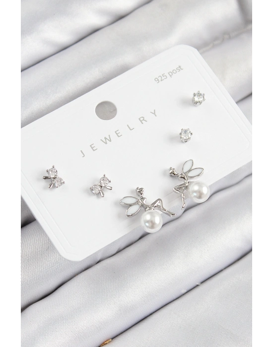 Pirinç Zirkon Taşlı İnci Melek Model Gümüş Renk 925 Ayar Gümüş Çivi Kadın Küpe Set