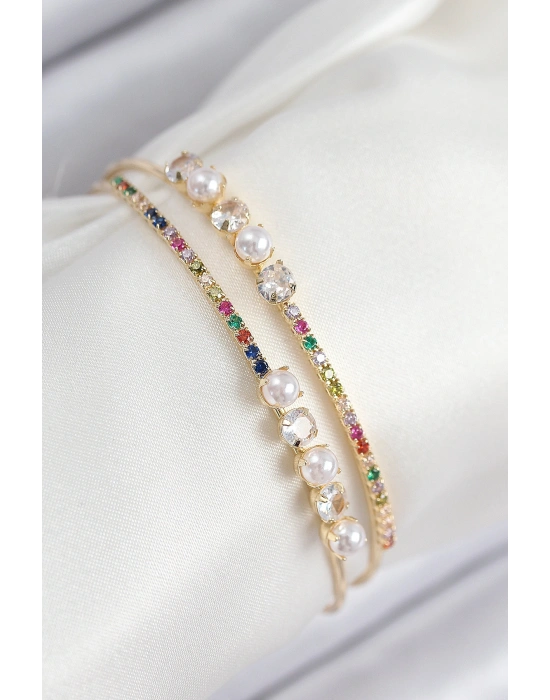 Pirinç Zirkon Taşlı İnci Model Gold Renk Kadın Bileklik