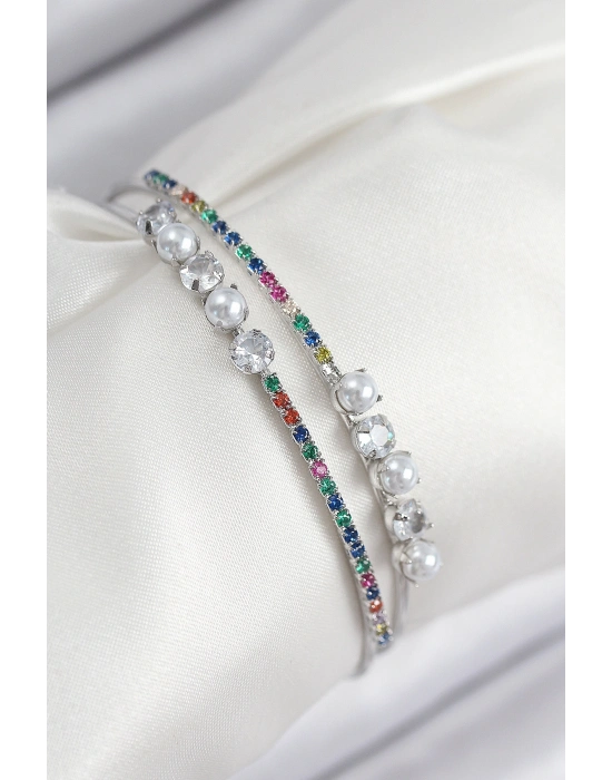 Pirinç Zirkon Taşlı İnci Model Gümüş Renk Kadın Bileklik