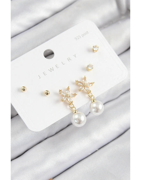 Pirinç Zirkon Taşlı İnci Sallantılı Çiçek Model Gümüş Renk 925 Ayar Gümüş Çivi Kadın Küpe Set