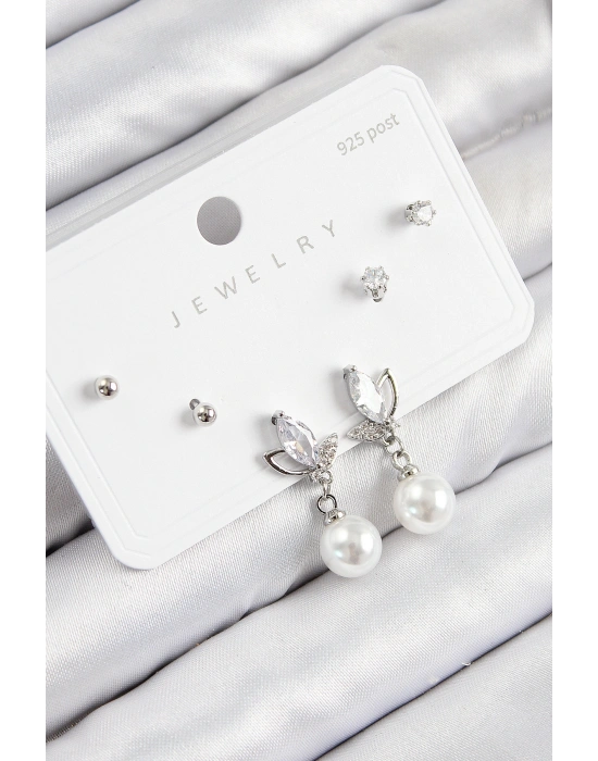 Pirinç Zirkon Taşlı İnci Sallantılı Damla Model Gümüş Renk 925 Ayar Gümüş Çivi Kadın Küpe Set