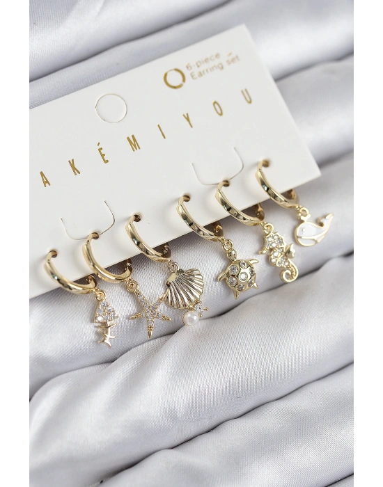 Pirinç Zirkon Taşlı İstiridye Balina Ve Yıldız Gold Renk 6lı Küpe Set
