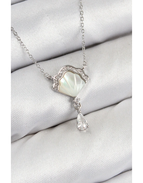 Pirinç Zirkon Taşlı İstiridye Model Gümüş Renk Kadın Kolye