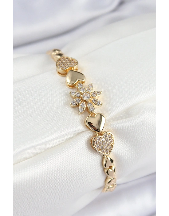 Pirinç Zirkon Taşlı Kalp Detaylı Çiçek Model Gold Renk Kadın Bileklik