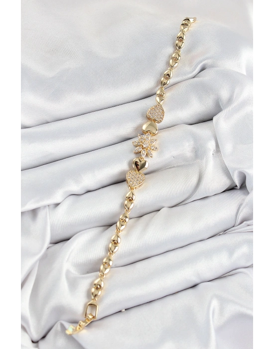 Pirinç Zirkon Taşlı Kalp Detaylı Çiçek Model Gold Renk Kadın Bileklik