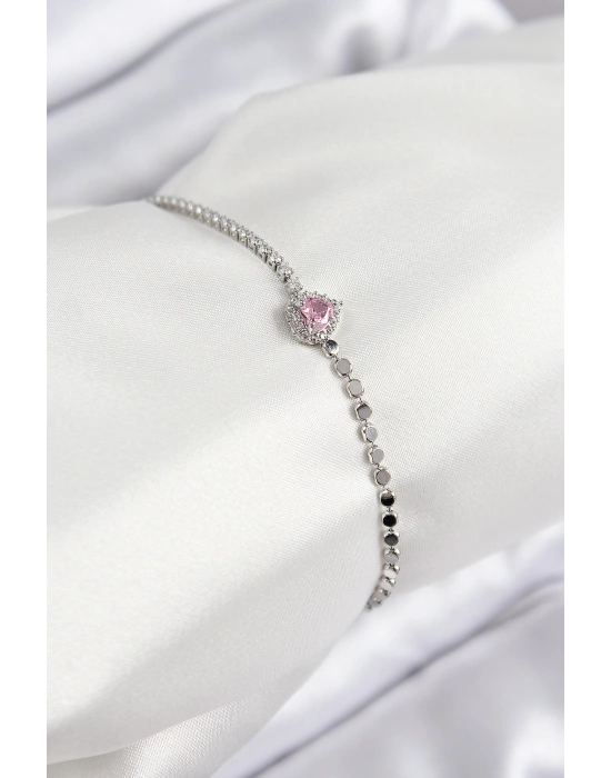 Pirinç Zirkon Taşlı Kalp Model Ezme Zincir Gümüş Renk Kadın Bileklik