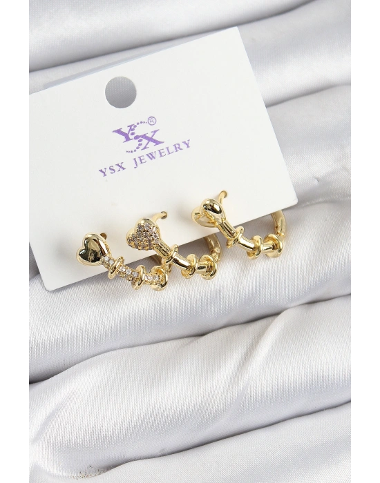 Pirinç Zİrkon Taşlı Kalp Model Gold Renk 3lü Kadın Küpe