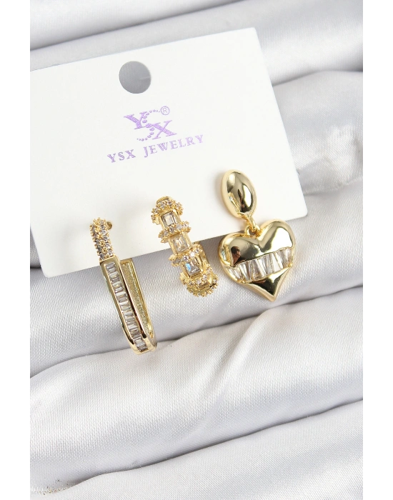 Pirinç Zİrkon Taşlı Kalp Model Gold Renk 3lü Kadın Küpe