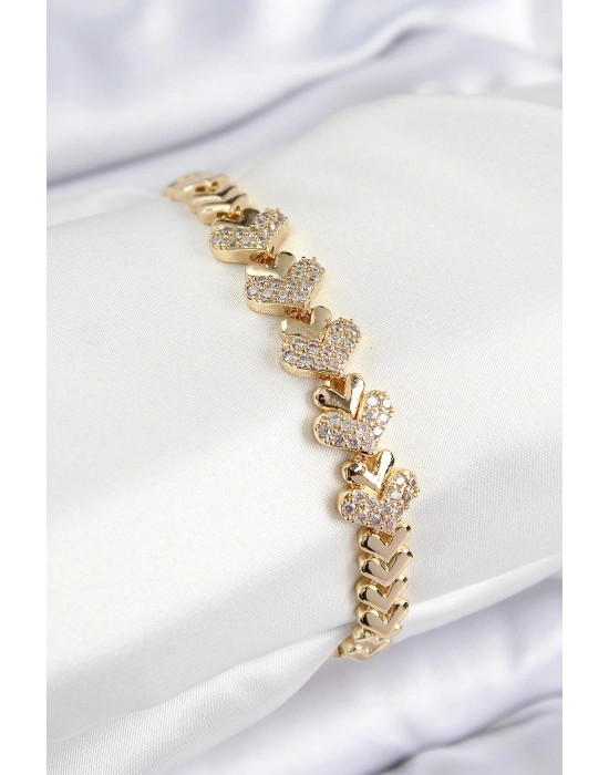 Pirinç Zirkon Taşlı Kalp Model Gold Renk Kadın Bileklik
