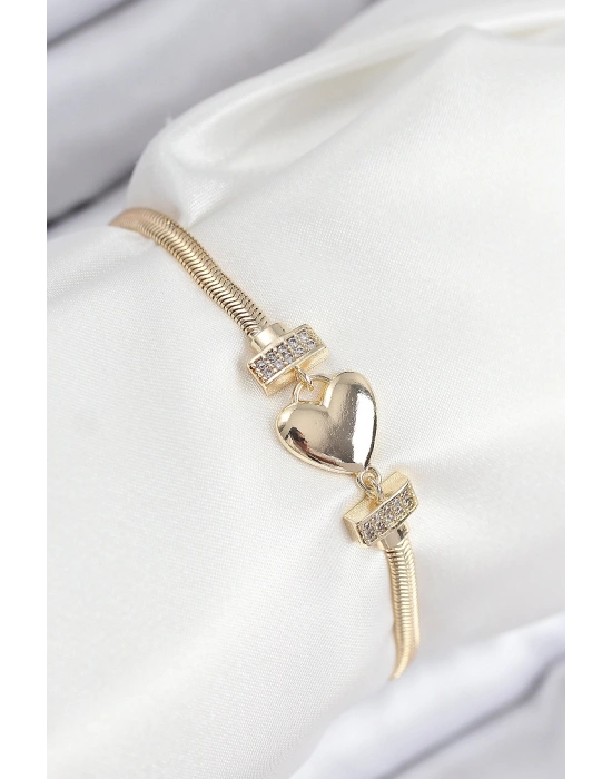 Pirinç Zirkon Taşlı Kalp Model Gold Renk Kadın Bileklik
