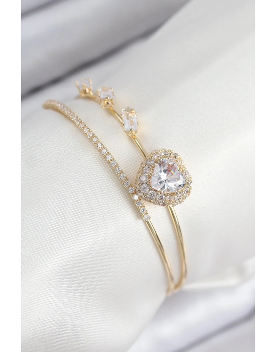 Pirinç Zirkon Taşlı Kalp Model Gold Renk Kadın Bileklik