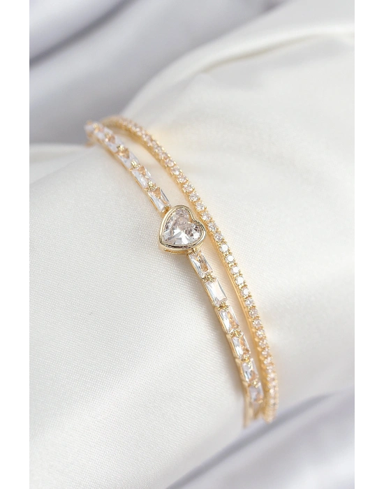 Pirinç Zirkon Taşlı Kalp Model Gold Renk Kadın Bileklik