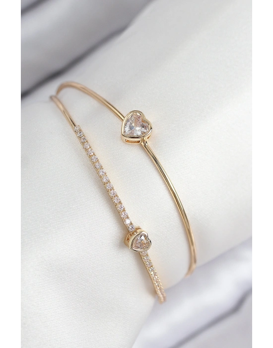 Pirinç Zirkon Taşlı Kalp Model Gold Renk Kadın Bileklik