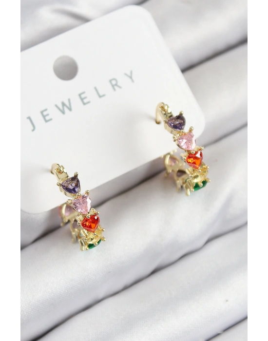 Pirinç Zirkon Taşlı Kalp Model Gold Renk Kadın Küpe