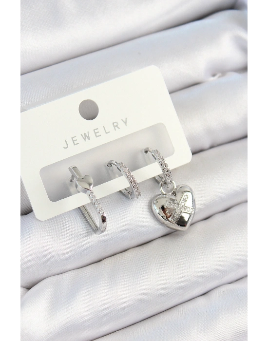 Pirinç Zirkon Taşlı Kalp Model Gümüş Renk 3lü Çift Kadın Küpe Set