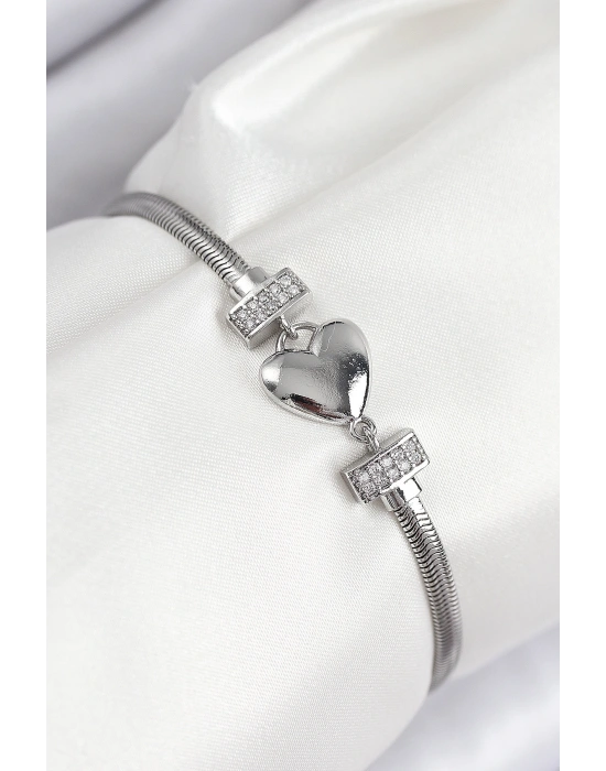 Pirinç Zirkon Taşlı Kalp Model Gümüş Renk Kadın Bileklik