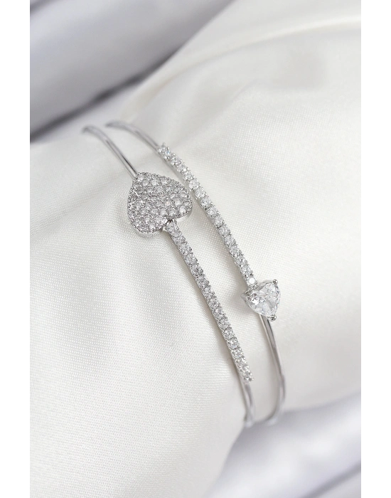 Pirinç Zirkon Taşlı Kalp Model Gümüş Renk Kadın Bileklik