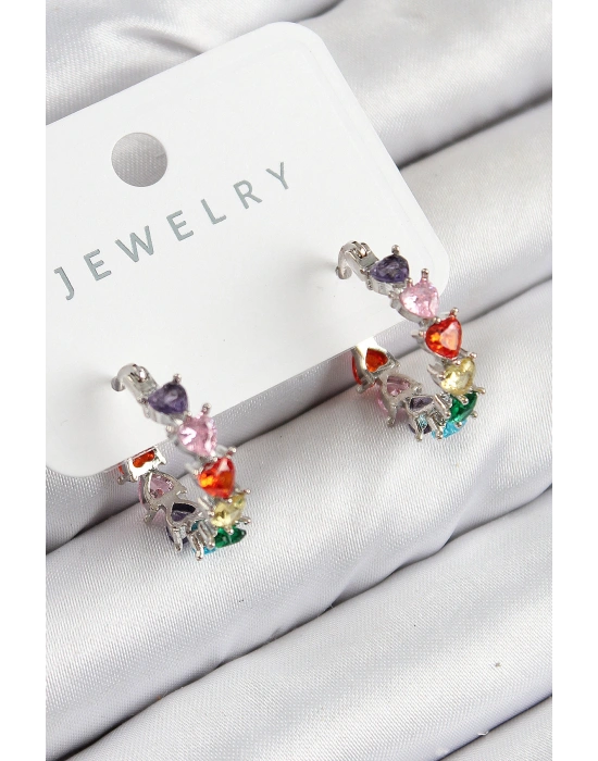 Pirinç Zirkon Taşlı Kalp Model Gümüş Renk Kadın Küpe