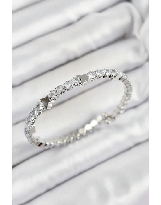 Pirinç Zirkon Taşlı Kalp Model Gümüş Renk Yaylı Kadın Bileklik