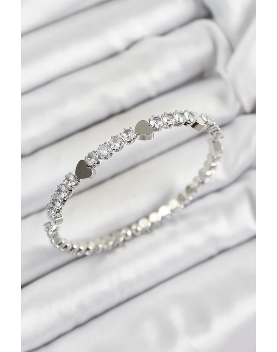 Pirinç Zirkon Taşlı Kalp Model Gümüş Renk Yaylı Kadın Bileklik