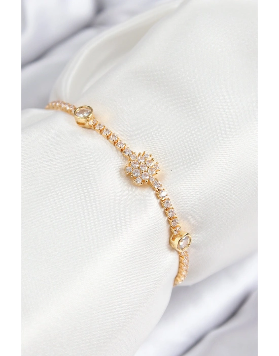 Pirinç Zirkon Taşlı Kar Tanesi Model Gold Renk Asansörlü Kadın Bileklik