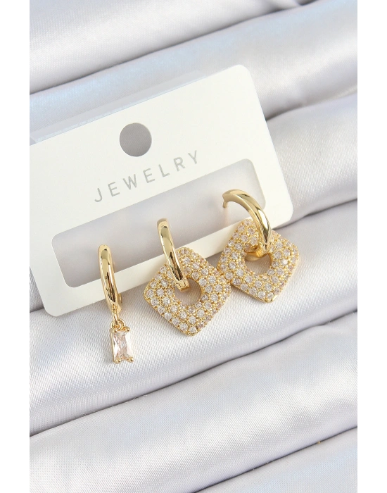 Pirinç Zirkon Taşlı Kare Model Gold Renk 3lü Çift Kadın Küpe Set