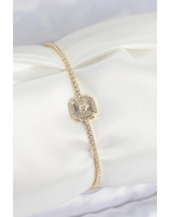 Pirinç Zirkon Taşlı Kare Model Gold Renk Kadın Bilekilk