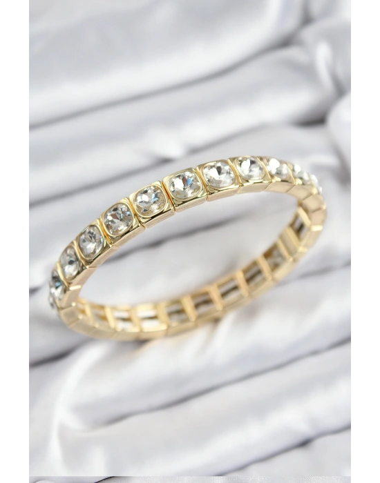 Pirinç Zirkon Taşlı Kare Model Gold Renk Lastikli Kadın Bileklik