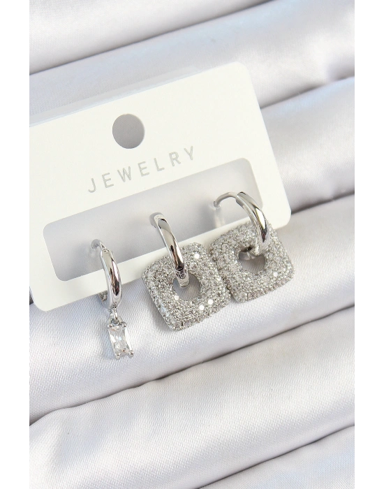 Pirinç Zirkon Taşlı Kare Model Gümüş Renk 3lü Çift Kadın Küpe Set