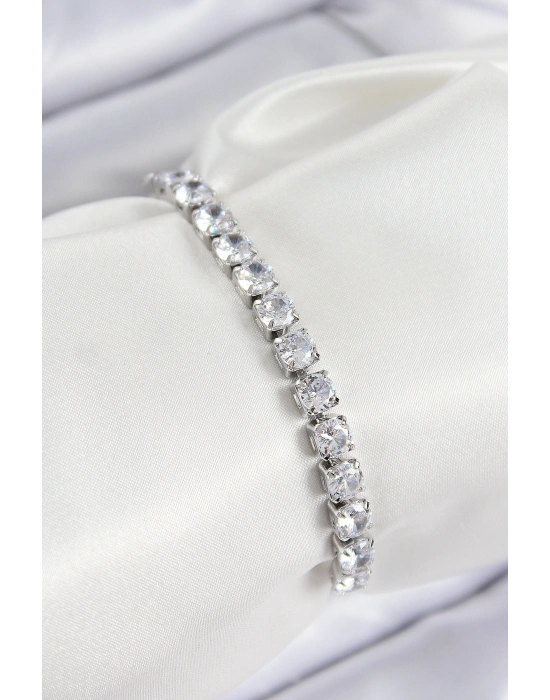 Pirinç Zirkon Taşlı Kare Model Gümüş Renk Asansörlü Kadın Bileklik