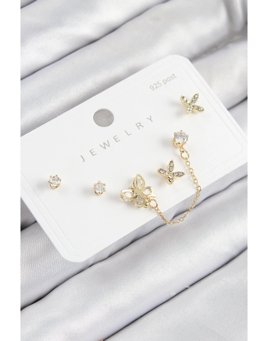 Pirinç Zirkon Taşlı Kelebek Model Gold Renk 925 Ayar Gümüş Çivi Kadın Küpe Set