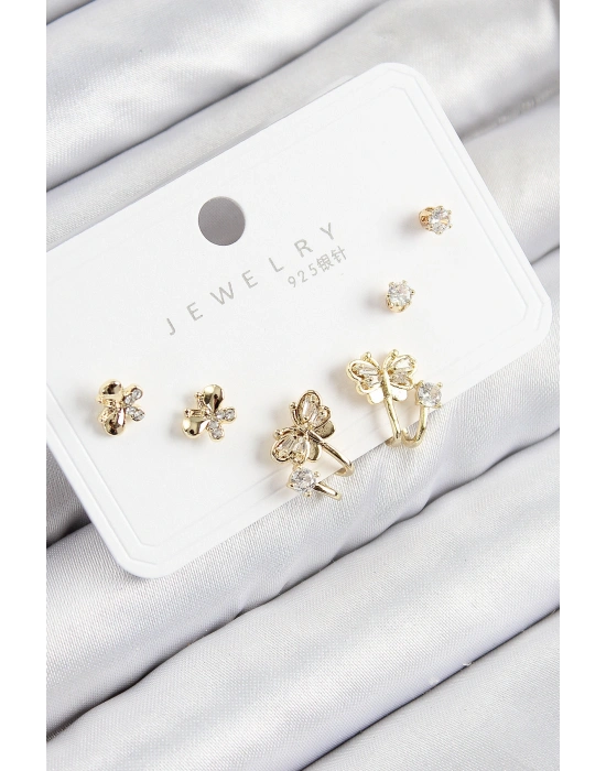 Pirinç Zirkon Taşlı Kelebek Model Gold Renk 925 Ayar Gümüş Çivi Kadın Küpe Set