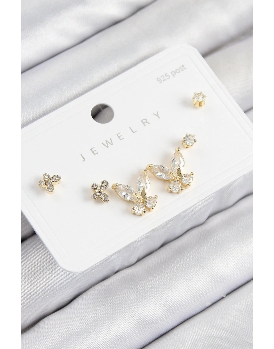Pirinç Zirkon Taşlı Kelebek Model Gold Renk 925 Ayar Gümüş Çivi Kadın Küpe Set