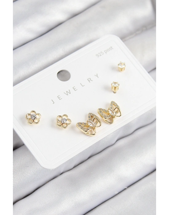 Pirinç Zirkon Taşlı Kelebek Model Gold Renk 925 Ayar Gümüş Çivi Kadın Küpe Set