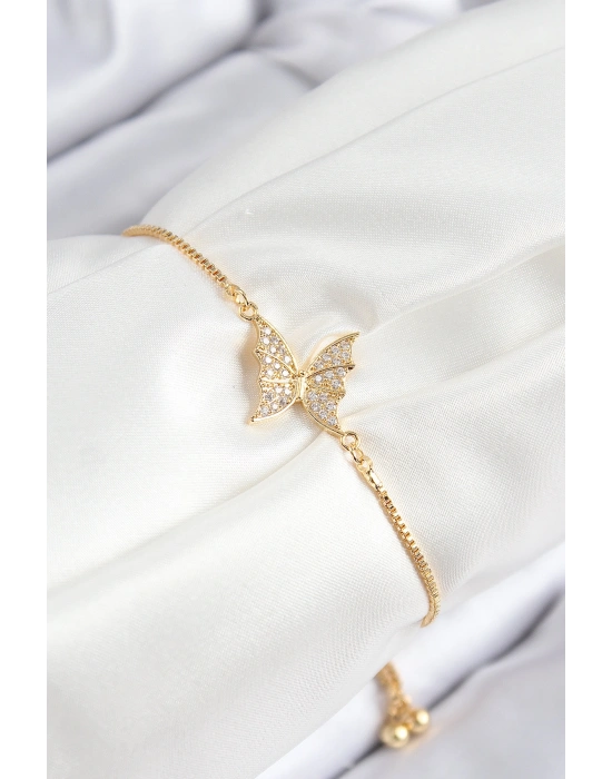 Pirinç Zirkon Taşlı Kelebek Model Gold Renk Asansörlü Kadın Bileklik