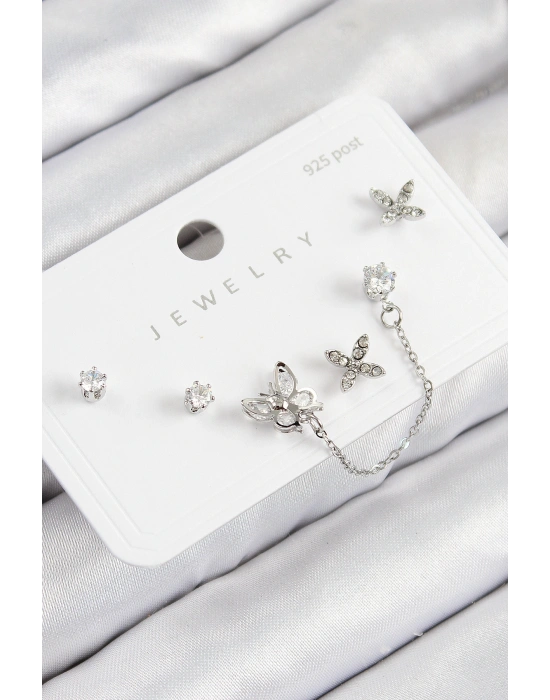 Pirinç Zirkon Taşlı Kelebek Model Gümüş Renk 925 Ayar Gümüş Çivi Kadın Küpe Set