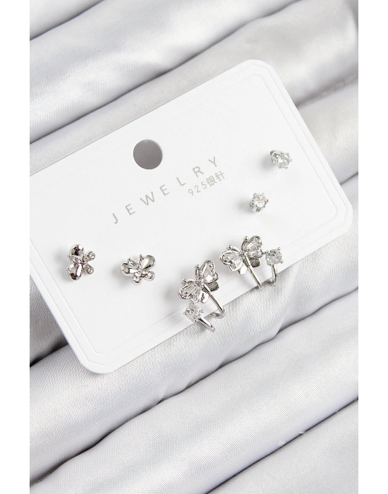 Pirinç Zirkon Taşlı Kelebek Model Gümüş Renk 925 Ayar Gümüş Çivi Kadın Küpe Set