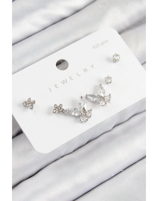 Pirinç Zirkon Taşlı Kelebek Model Gümüş Renk 925 Ayar Gümüş Çivi Kadın Küpe Set